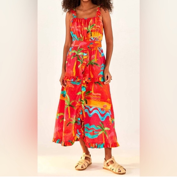 REPOSH - NWT Farm Rio Ipanema Red Tropical Ruffle Midi Dress - Picture 4 of 8